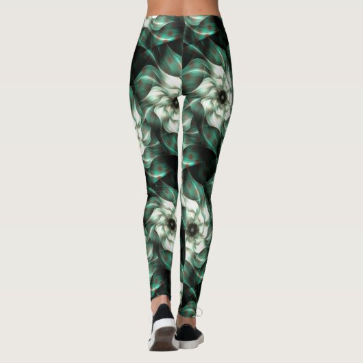 Donkere Jade Green en White Fractal Flower Abstrac Leggings (Achterkant)