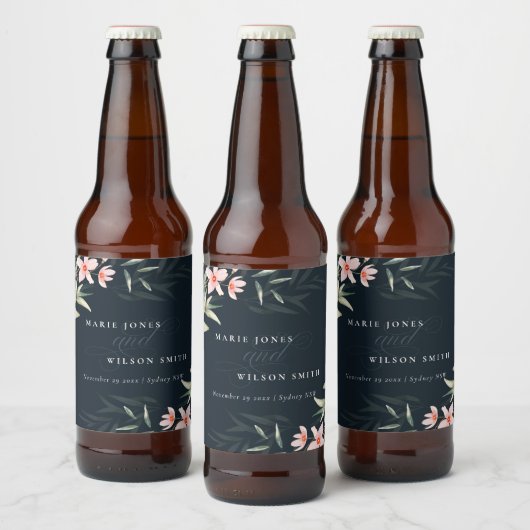 Donkere marine blush Greenery Floral Bunch Wedding Bier Etiket (Flessen)