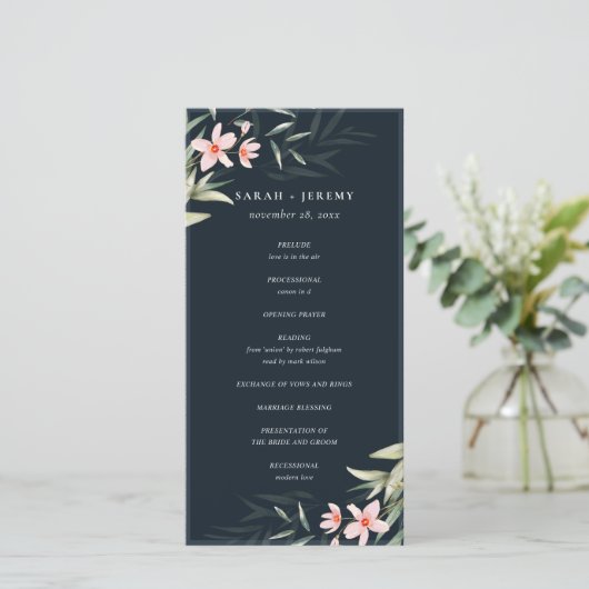Donkere marine blush Greenery Floral Wedding Progr Bedankkaart (Staand voorkant)