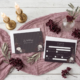 Donkere Maroon Gotische Schedel Bloem Bruiloft RSV Save The Date