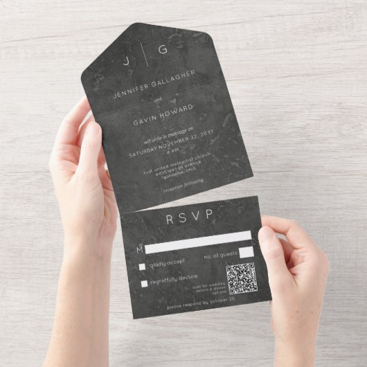 Donkere minimale moderne QR-code All In One Uitnodiging (Afscheurbaar)