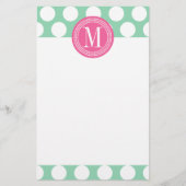 Donkere mint & roze| Grote pokadots monogrammen Briefpapier (Voorkant)
