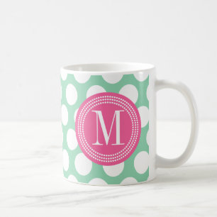 Donkere mint & roze Grote pokadots monogrammen Koffiemok