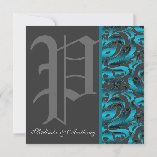 Donkere monogram "P" Blauwgroen Damask Invitation Kaart (Voorkant)