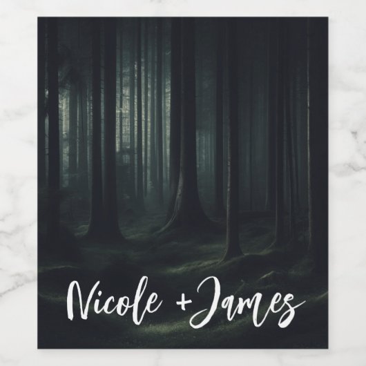 Donkere Moody Bos Bomen bij Twilight Bruiloft Wijn Etiket (Enkel label)