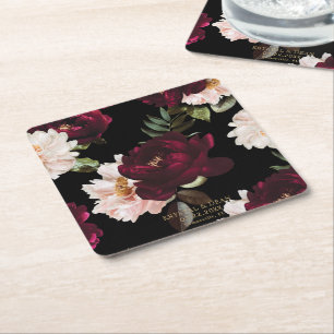 Donkere Moody Burgundy Blush Bloemige Trouwgunst Vierkante Kartonnen Onderzetter