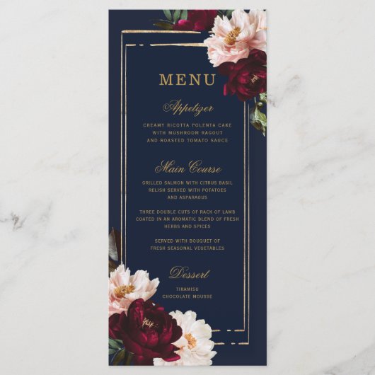 Donkere Moody Burgundy Blush Navy Blauwe Bloemige Menu (Voorkant)