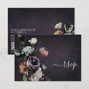 Donkere Moody Paarse Script Floral QR Code RSVP Ca Kaartje