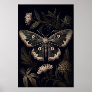 Donkere Mot Botanische Print, Goblincore Vlinder Poster