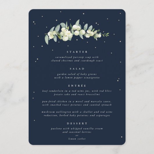 Donkere Navy Snowberry + Eucalyptus 4 gangen bruil Menu (Voorkant)