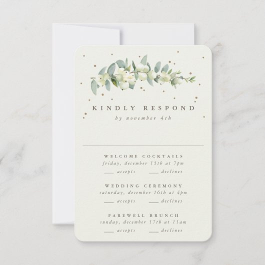 Donkere Navy Snowberry+Eucalyptus Bruiloft Multi-E RSVP Kaartje (Voorkant)
