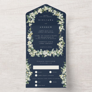 Donkere Navy Snowberry + Eucalyptus Winter bruilof All In One Uitnodiging