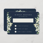 Donkere Navy Snowberry + Eucalyptus Winter bruilof RSVP Kaartje (Voorkant / Achterkant)
