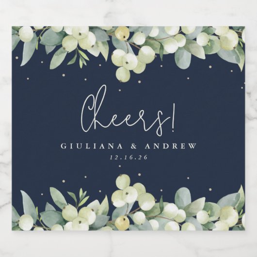 Donkere Navy Snowberry + Eucalyptus Winter bruilof Sparkling Wijnetiket (Enkel label)