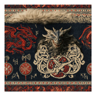 Donkere Noordse Draak en Viking Knoopwerk Tapijt D Perfect Poster