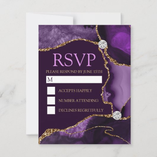 Donkere Paarse en goudglitter Agate Sweet Sixteen RSVP Kaartje (Voorkant)