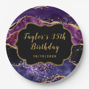 Donkere Paarse en goudsequins Agate Birthday Papieren Bordje