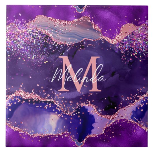 Donkere Paarse en roze glittersequins Agate Tegeltje (Voorkant)