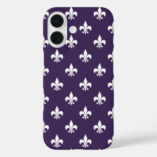 Donkere Paarse en witte fler de Lis Pattern iPhone 16 Hoesje