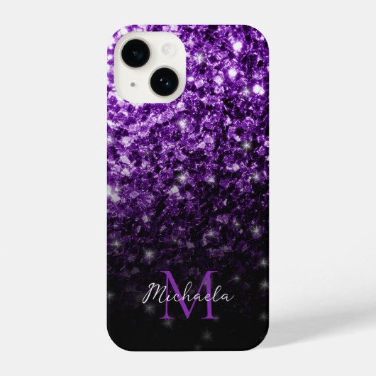 Donkere Paarse faux glitter sparkles Monogram iPhone Hoesje (Achterkant)