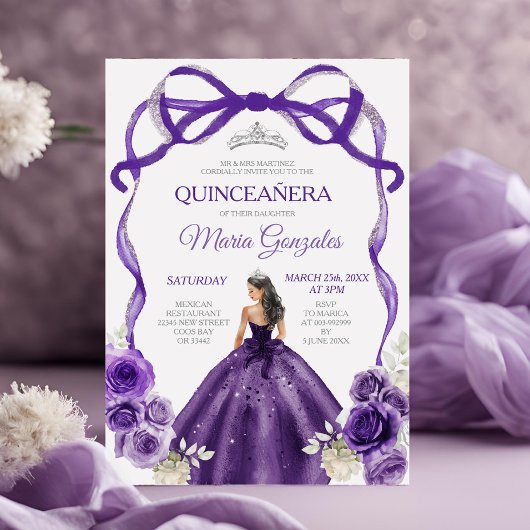 Donkere Paarse strik Princess Silver Crown Quincea Kaart