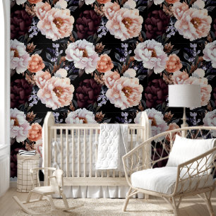 Donkere pioenrozen bloemenpatroon behang