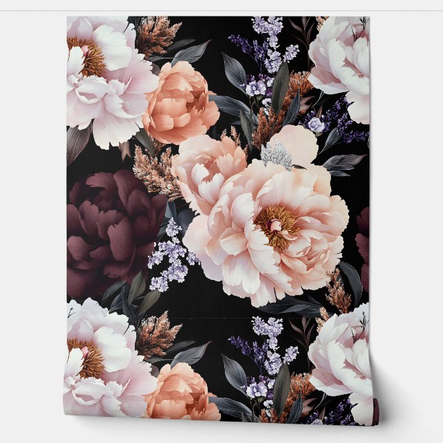 Donkere pioenrozen bloemenpatroon behang (Afrollen)