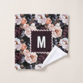 Donkere pioenrozen bloemenpatroon | Monogram Bad Handdoek (Wasdoekje)