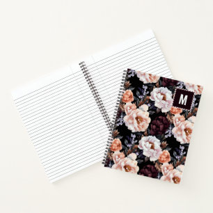Donkere pioenrozen bloemenpatroon Monogram Notitieboek