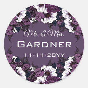 Donkere Plum Paarse Romantische Bloemen Huwelijk Ronde Sticker