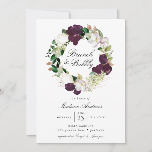 Donkere pruim bloemenkrans | Brunch en Bubble Kaart (Voorkant)
