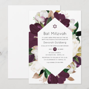 Donkere pruim fluweel en witte bloem Bat Mitzvah Kaart