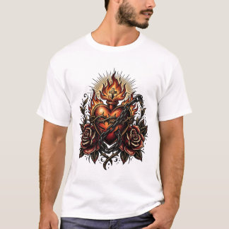 Donkere Religieuze Hart Tattoo Kunst met Kettingen T-shirt