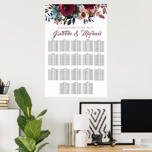 Donkere rode flora 18-tabel weddenschapenkaart poster (Thuiskantoor)