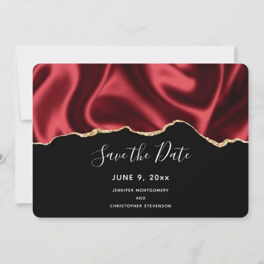 Donkere rode glam Wavy Satin Abstract Design Wedde Save The Date (Voorkant)