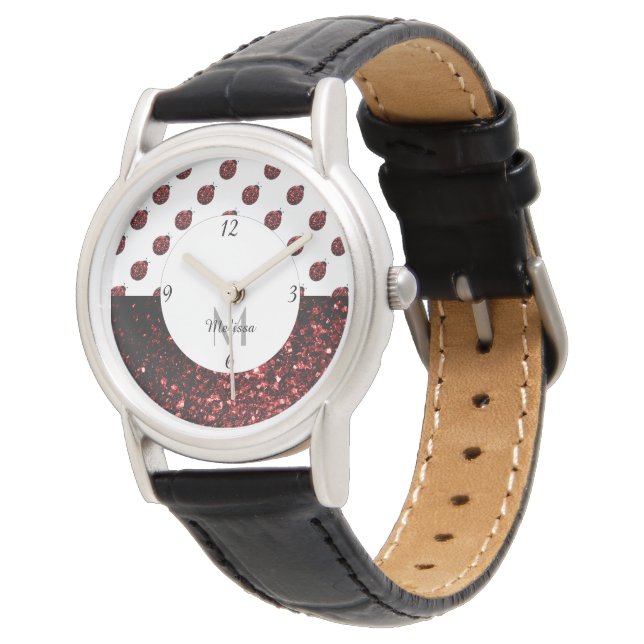 Donkere rode ladybug in glitter sparters Monogram Horloge (Gekanteld)