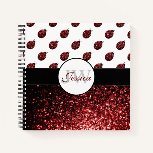 Donkere rode ladybug in glitter sparters Monogram Notitieboek (Voorkant)