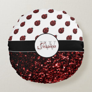 Donkere rode ladybug in glitter sparters Monogram Rond Kussen