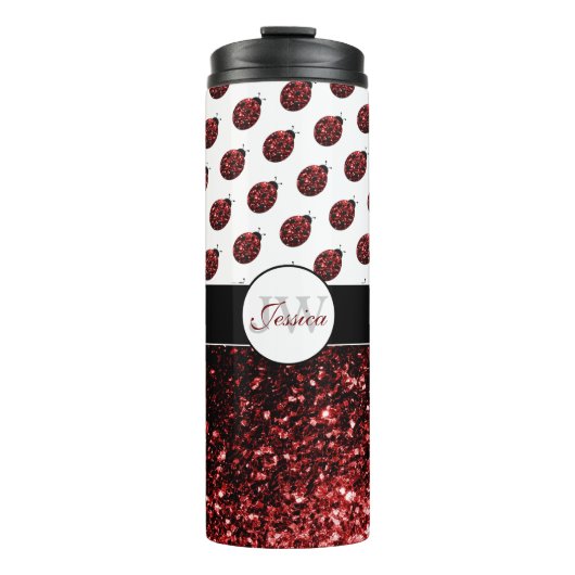 Donkere rode ladybug in glitter sparters Monogram Thermosbeker (Voorkant)