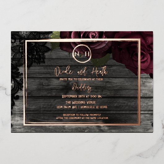 Donkere rode rozen hout en kant-en-klare bruiloft folie uitnodiging (Voorkant)