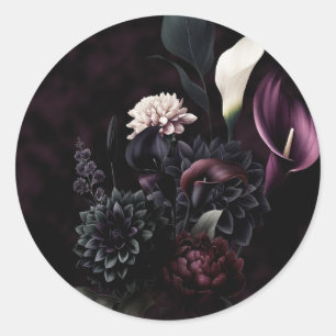 Donkere romantische bloemige bruiloft ronde sticker