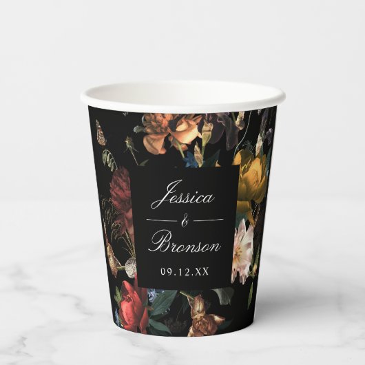Donkere Romantische Bloemige Nederlandse Trouw Bru Papieren Bekers (Achterkant)
