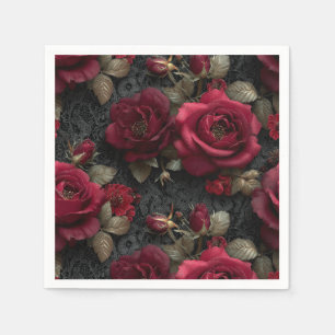 Donkere romantische rode rozen en knoppen op zwart servet