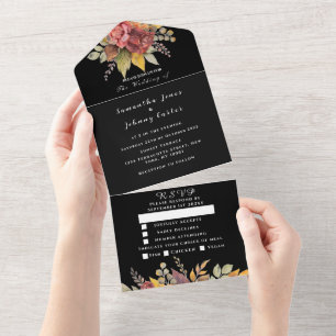Donkere Romantische Rozen Floral Script Weduwen All In One Uitnodiging