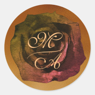 Donkere Roos Monogram Trouwsticker Ronde Sticker