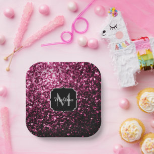 Donkere roze bruine glitter monogram papieren bordje