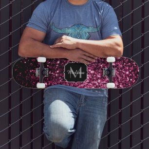 Donkere roze bruine glitter monogram skateboard