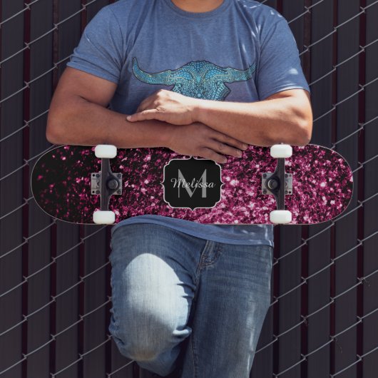 Donkere roze bruine glitter monogram skateboard (Buiten 3)