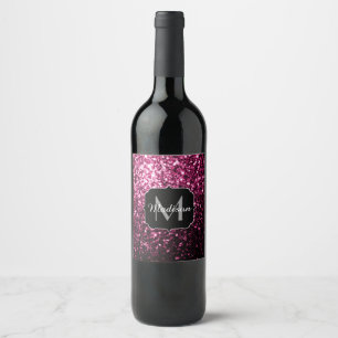 Donkere roze bruine glitter monogram wijn etiket