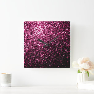 Donkere roze vlek met glanzend glitter vierkante klok